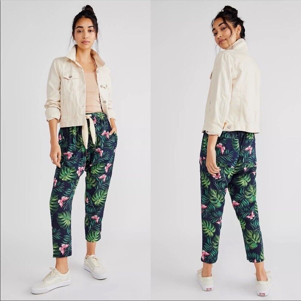 NWT Free People X Sandrine Rose Navy Blue Palm Trees Pants -1